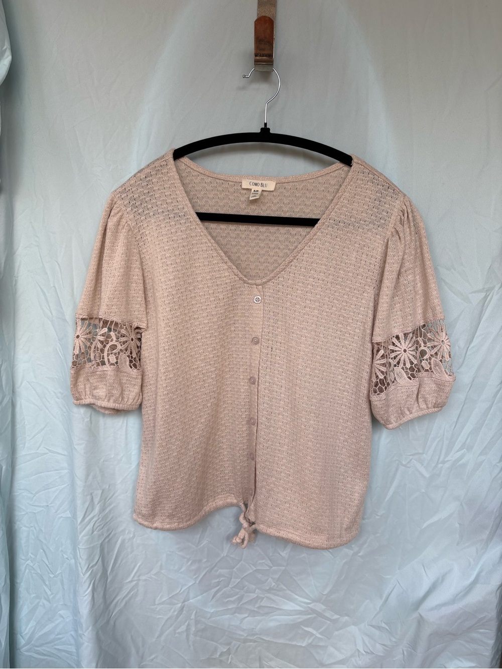 Beige Crochet-Sleeve Button-Front Tie Top